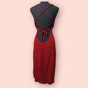 Vtg 90s Y2K Formal Dress Small Red Sparkly Midi Whimsigoth Low Open Back Bodycon